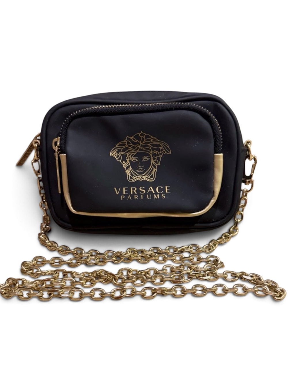 Versace Black Mini Leather Camera Bag with Gold Medusa Accent